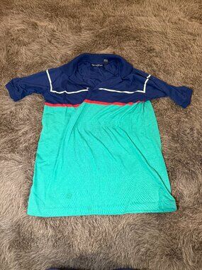 Vintage Men's Color Block Polo Shirt Size Large Green Blue Retro Casual Shirt